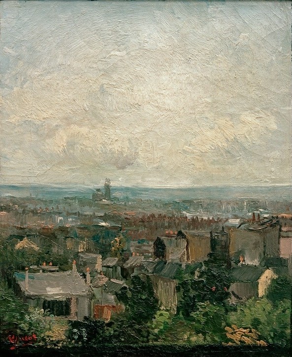 Vincent van Gogh, Blick auf die Dächer von Paris (Städte, Großstadt, Stadtansicht, Dächer, Vogelperspektive,  Klassische Moderne, Impressionismus, Wohnzimmer, Treppenhaus, Wunschgröße, bunt)