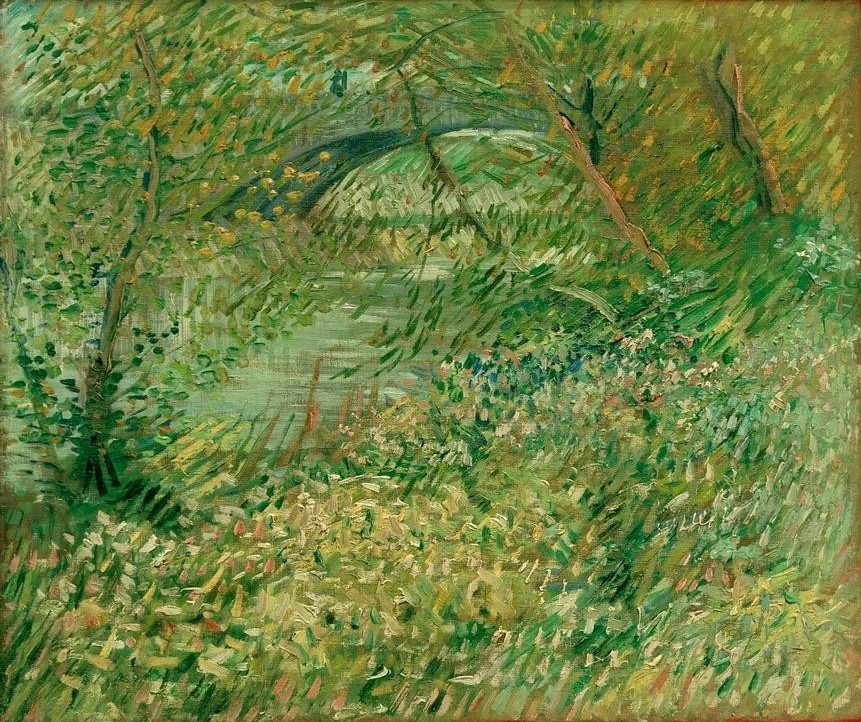 Vincent van Gogh, Seineufer im Frühling am Pont de Clichy (Brücke, Landschaft, Frühling, Fluss, Ufer, Sträucher, Frankreich, Seine, Klassische Moderne, Impressionismus, Wohnzimmer, Treppenhaus, Wunschgröße, grün)