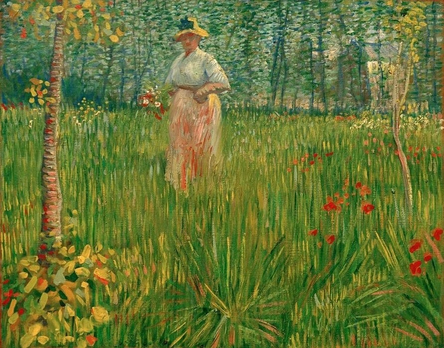 Vincent van Gogh, Frau in einem Garten (Frau, Hut, Blumen, Garten, Landschaft, Sommer, Jahreszeit,  Menschen,  Klassische Moderne, Impressionismus, Wohnzimmer, Treppenhaus, Wunschgröße, bunt)