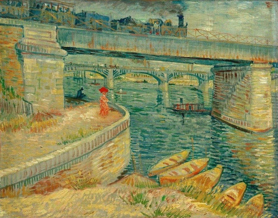 Vincent van Gogh, Die Brücken von Asnières (Architektur, Bauwerk, Brücke, Eisenbahn, Dampflok, Boote, Sommer, Fluss, Seine, Quai,  Klassische Moderne, Impressionismus, Wohnzimmer, Treppenhaus, Wunschgröße, bunt)