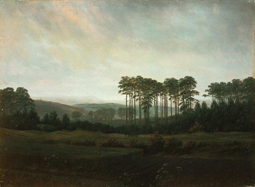 Caspar David Friedrich, Der Nachmittag (Bauer (Landwirt),Botanik,Deutsche Kunst,Jahreszeiten,Landschaft,Tageszeiten,Nachmittag,Kiefer (Baum),Baum,Getreide,Feld,Romantik,Spätsommer,Mittelgebirge,Baumgruppe,Landwirtschaft,Leiterwagen)