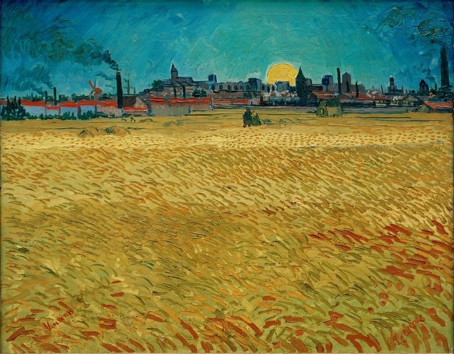Vincent van Gogh, Weizenfeld bei Sonnenuntergang (Ackerbau,Getreideanbau,Jahreszeiten,Kunst,Landschaft,Sommer,Sonnenuntergang,Weizen,Sonne,Tageszeiten,Abend,Impressionismus,Getreide,Stadtansicht,Niederländische Kunst,Feld,Holländische Kunst,Getreidefeld,Postimpressionismus,Landwirtschaft,Signatur,Korn (G)