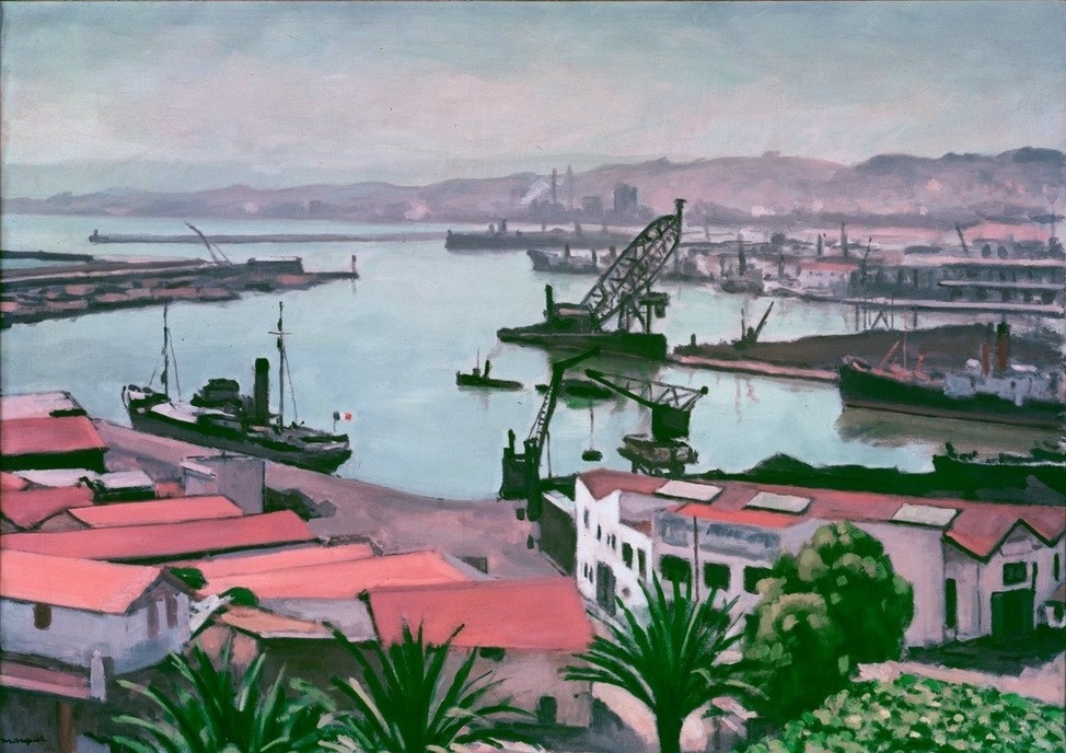 Albert Marquet, Alger, les toits rouges (Dach,Dampfer,Geographie,Hafen,Kran,Küste,Kunst,Landschaft,Schiff,Meer,Vedute,Marinemalerei,Architekturdarstellung,Französische Kunst,Ansicht,Topographie,Schifffahrt)