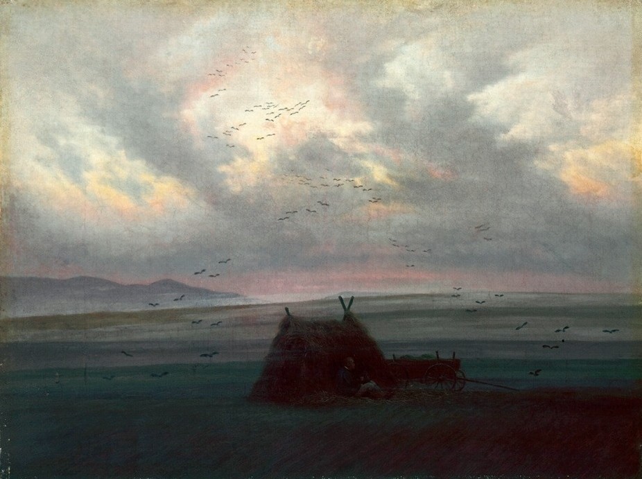 Caspar David Friedrich, Nebelschwaden (Deutsche Kunst,Meteorologie,Nebel,Feld,Romantik,Vogelschwarm,Gestohlene Kunstwerke,Strohhütte,Landwirtschaft)