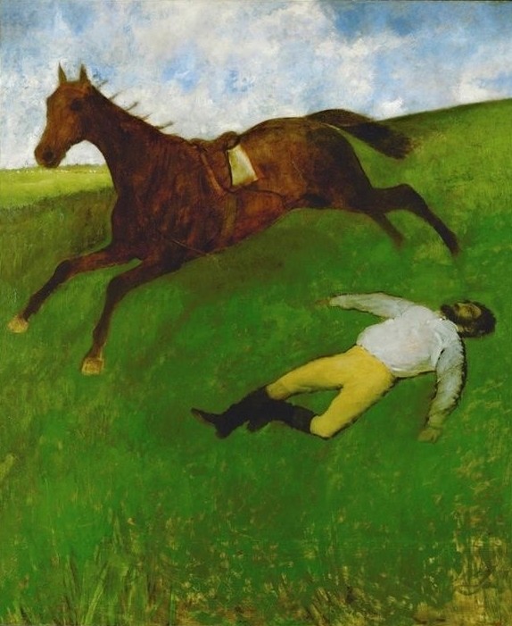 Edgar Degas, Der verletzte Jockey (Landschaft,Pferdesport,Pferd (Tier),Impressionismus,Verletzung,Jockey,Französische Kunst,Sportunfall,Reitpferd)