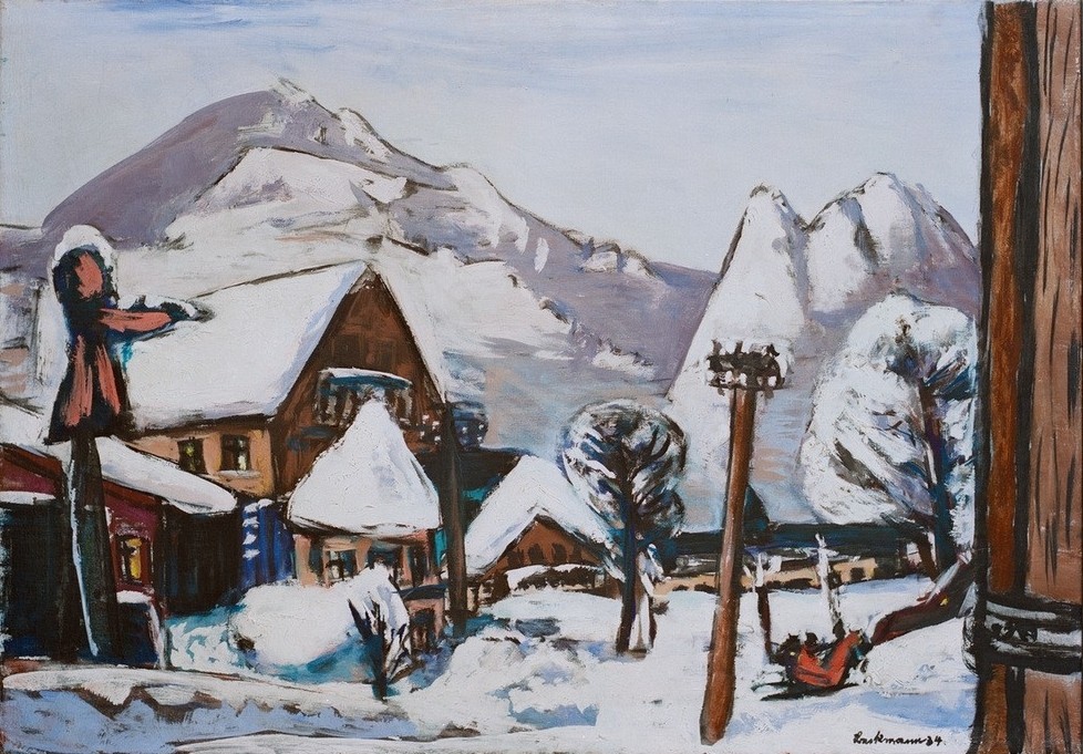 Max Beckmann, Schneelandschaft Garmisch (Expressionismus, Klassische Moderne, Malerei, Wohnzimmer, Treppenhaus, Wunschgröße, bunt)