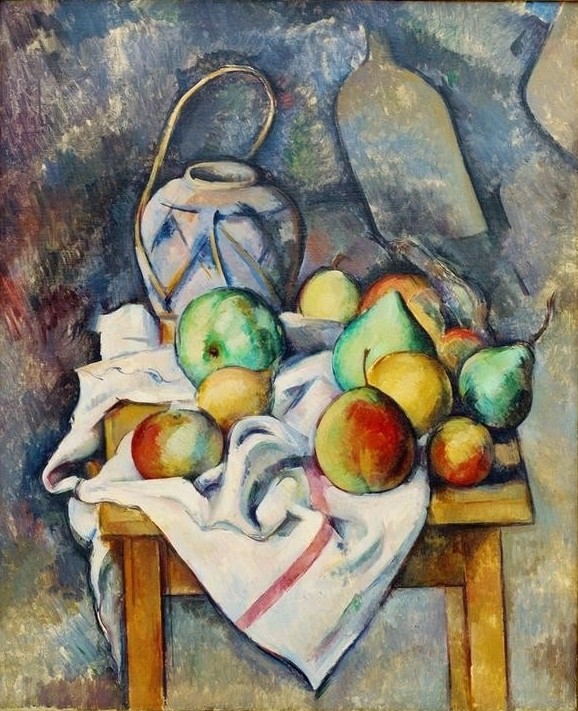 Paul Cézanne, La vase paille (Apfel,Früchte,Kunst,Obst,Tisch,Stillleben,Tischtuch,Französische Kunst,Birne,Topf,Ingwer)
