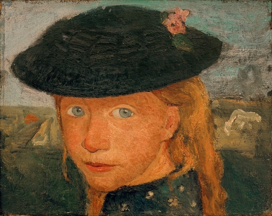 Paula Modersohn-Becker, Kopf eines kleinen Mädchens mit Strohhut (Deutsche Kunst,Kind,Mädchen,Mensch,Portrait,Strohhut,Kopf,Worpsweder Künstlerkolonie)