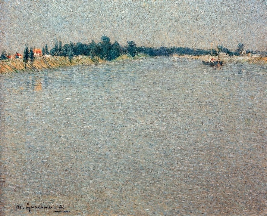 Charles Angrand, La Seine – le matin  (Landschaft, Landschaftsmalerei, Fluss, Seine, Frankreich, Impressionismus, moderne Klassiker, Pointilismus, Malerei, Wunschgröße, Wohnzimmer, bunt)