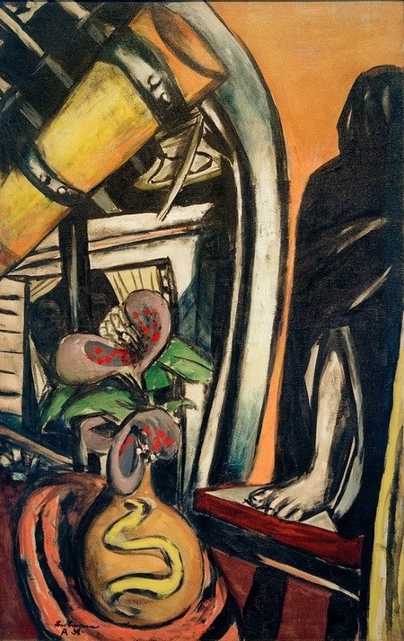 Max Beckmann, Atelier (Nacht). Stilleben mit Fernrohr und verhüllter Figu (Stillleben, Expressionismus, Klassische Moderne, Malerei, Wohnzimmer, Treppenhaus, Wunschgröße, bunt)