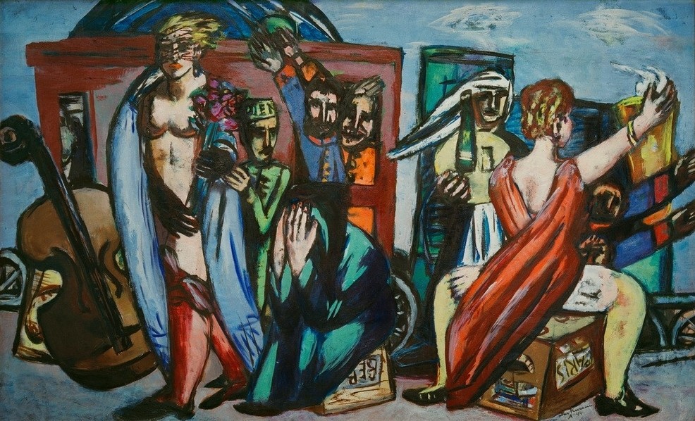 Max Beckmann, Die Reise (Reisende, Halt, Waggon, Künstler, Musiker, Expressionismus, Klassische Moderne, Malerei, Wohnzimmer, Treppenhaus, Wunschgröße, bunt)