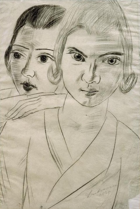 Max Beckmann, Pizchen und Quappi Doppelporträt Marie-Louise von Motesiczky und Mathilde von Kaulbach (Portraits, Mathilde Beckmann, Grafik, Expressionismus, Klassische Moderne, Wohnzimmer, Treppenhaus, Wunschgröße, schwarz-weiß)