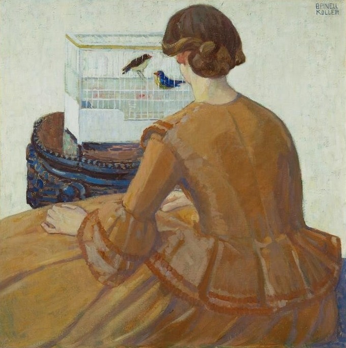 Broncia Koller, Junge Frau vor einem Vogelkäfig  (Frau, Rückenansicht, Vogelkäfig, nachdenklich, Klassiker, Wohnzimmer, Esszimmer, Malerei, Wunschgröße, bunt)