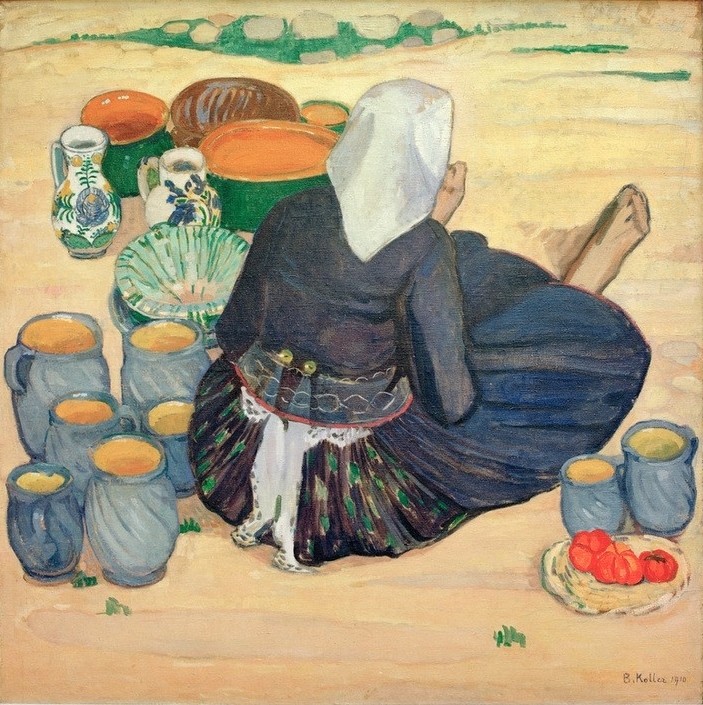 Broncia Koller, Töpfermarkt  (Markt, Marktfrau, Rückenansicht, Töpfe, Keramik, Alltagsszene, Klassiker, Wohnzimmer, Esszimmer, Malerei, Wunschgröße, bunt)