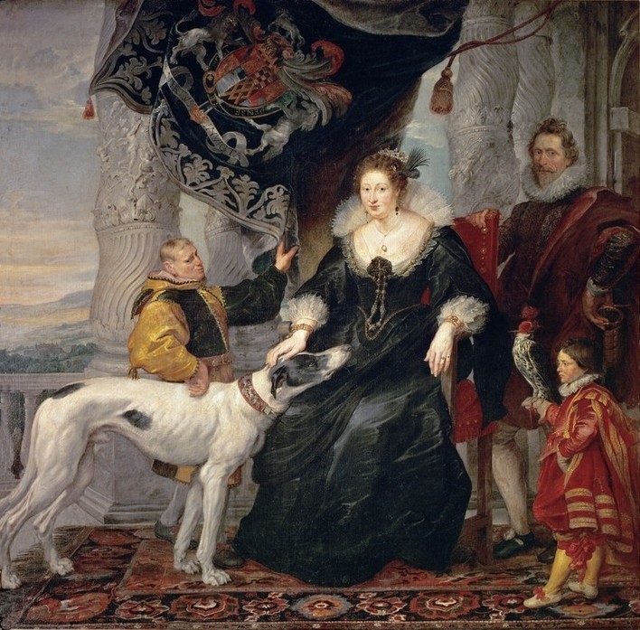 Peter Paul Rubens, Porträt der Alatheia Talbot, Countess of Arundel (Flämische Kunst,Frau,Graf,Gruppenbild,Kind,Zwerg,Barock,Hund,Portrait,Adel,Niederländische Kunst,Hofnarr,Kleidung (Allgemein),Frau Und Tier,Tier,Gräfin,Person)