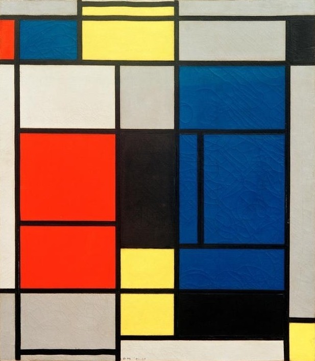 Piet Mondrian, Tableau No. I, mit Rot, Blau, Gelb, Schwarz und Grau (Geometrie,Kunst,Abstrakte Kunst,Niederländische Kunst,Farben,De Stijl,Rechteck,Farbigkeit,Neo-Plastizismus)