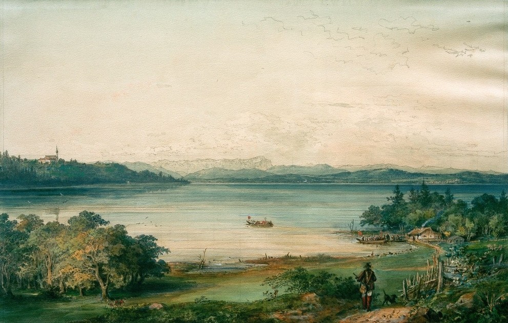 Carl August Lebschée, Der Ammersee von Schloß Ried aus gesehen (Landschaft, See, Spaziergänger, Horizont, Romantik, Klassiker, Wunschgröße, Wohnzimmer, Esszimmer, Malerei, bunt)
