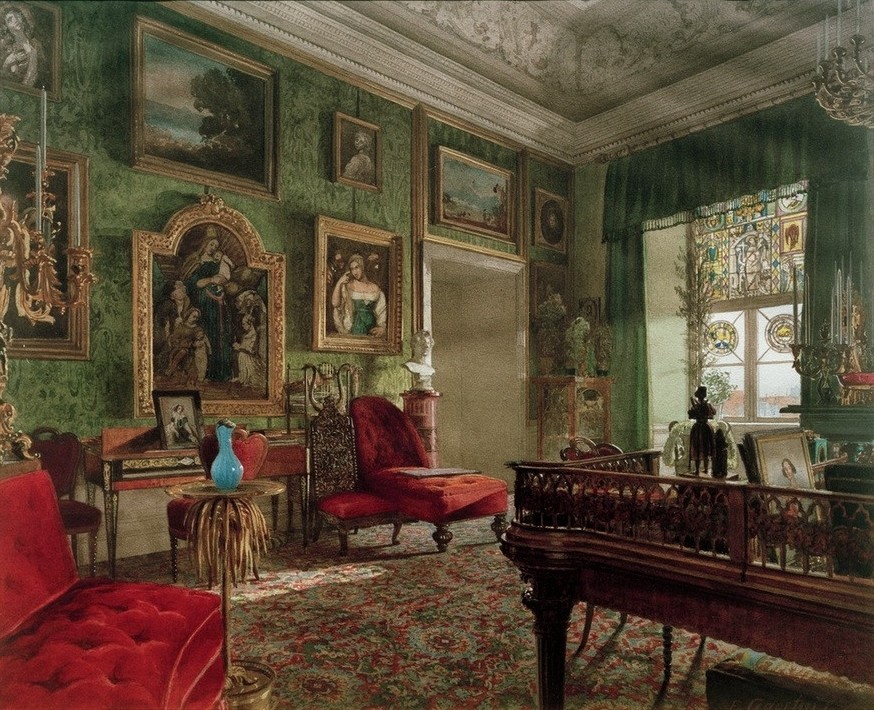 Eduard Gärtner, Grünes Zimmer im Berliner Schloss (Schloss, Zimmer, feudal, edel, Inneneinrichtung, Architektur, Interieur, Kunstwerke, Bildergalerie, Biedermeier, Wunschgröße, Klassiker, Wohnzimmer)