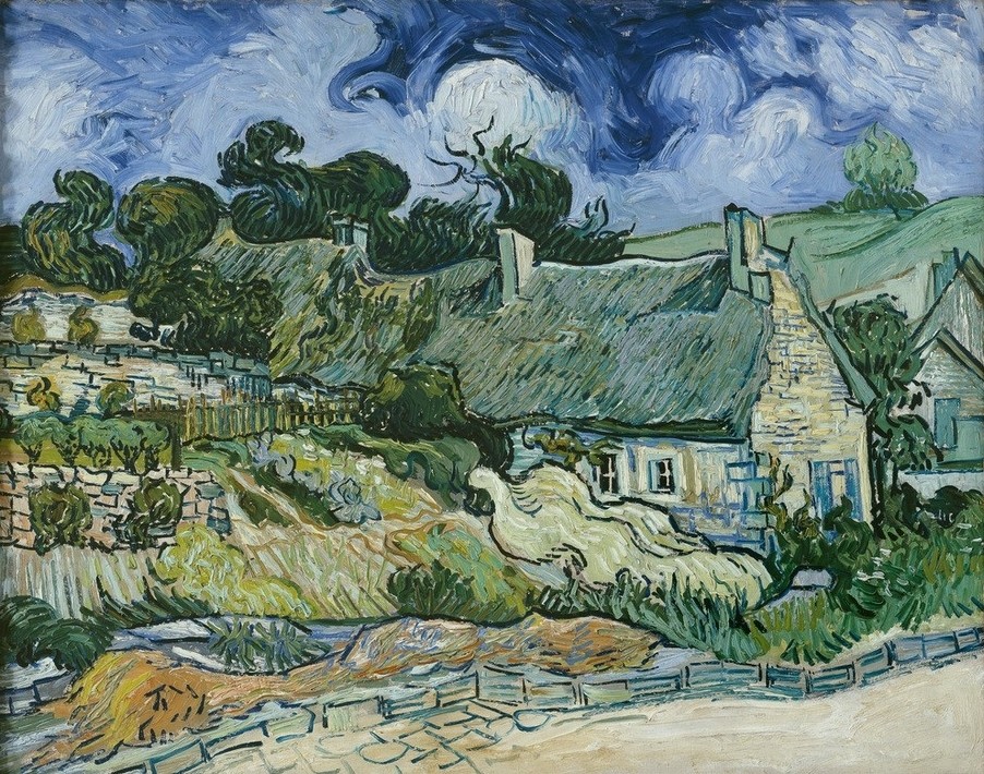 Vincent van Gogh, Strohgedeckte Häuser in Cordeville, Auverssur-Oise (Bauernhaus,Dach,Dorf,Haus,Jahreszeiten,Landschaft,Sommer,Wetter,Wolke,Hütte,Impressionismus,Baum,Strohdach,Niederländische Kunst,Balken)