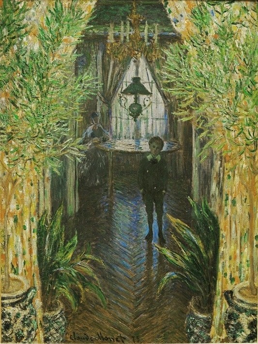 Claude Monet, Un coin d’appartement (Ehefrau,Architektur,Botanik,Fenster,Frau,Kind,Kunst,Licht Und Beleuchtung,Mutter Und Kind,Petroleumlampe,Wohnung,Innenarchitektur,Wohnhaus Von Berühmten,Impressionismus,Lampe,Künstlerfrau,Mutter Und Sohn,Interieur,Künstlerhaus (Wohnhaus),Französische Kuns)
