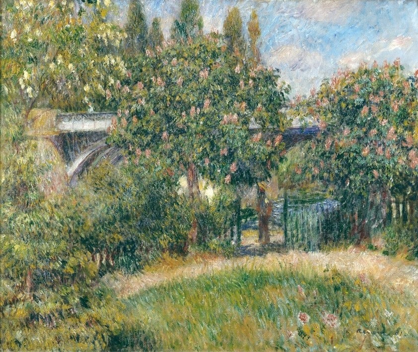 Pierre-Auguste Renoir, Le pont du chemin de fer à Chatou (Baumblüte,Brücke,Eisenbahnbrücke,Eisenbahn,Kastanie,Landschaft,Verkehrswege,Transport,Impressionismus,Baum,Französische Kunst,Kastanienbaum)