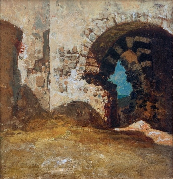 Vincenzo Cabianca, Ruinen in Porto Venere  (Architektur, Verfall, Ruine, Mauerwerk, Torbogen, Ligurien, Malerei, Klassiker, Realsimus, Wohnzimmer, Treppenhaus, Wunschgröße)