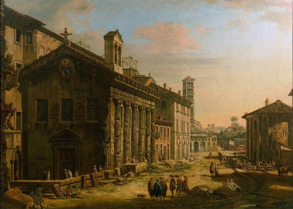 Bernardo Bellotto, Ansicht des Forum Boarium mit den Tempeln der Fortuna Viril (Rom, Antike Stadt, Viehmarkt, Architektur, Gebäude, Tempel, historische Stadt, Rokoko, Malerei, Wohnzimmer, Wunschgröße, Klassiker, bunt)