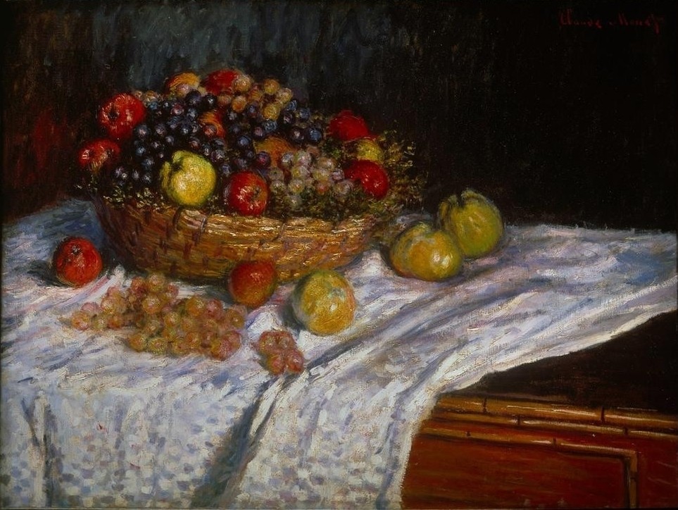 Claude Monet, Nature morte: Raisins et pommes (Apfel,Kunst,Obst,Impressionismus,Nahrungsmittel,Stillleben,Tischtuch,Französische Kunst,Weintraube,Obstkorb)
