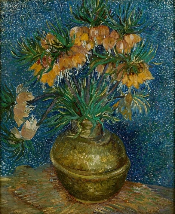 Vincent van Gogh, Kaiserkronen in einer Kupfervase (Botanik,Kupfer,Kunst,Impressionismus,Stillleben,Blumenstrauss,Vase,Niederländische Kunst,Holländische Kunst,Blume,Kaiserkrone (Blume),Kupfervase)