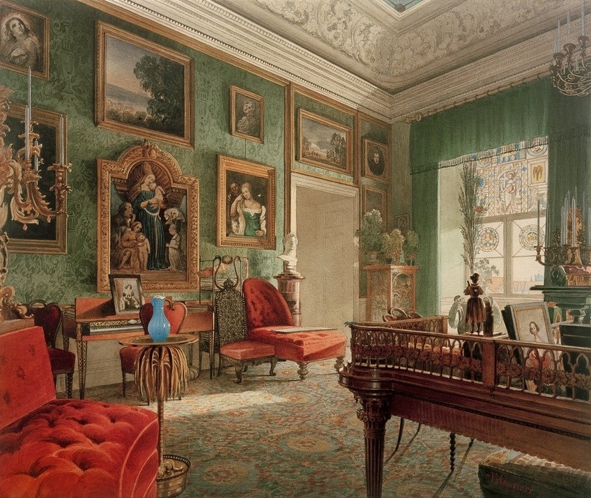 Eduard Gärtner, Grünes Zimmer im Berliner Schloss (Schloss, Zimmer, feudal, edel, Inneneinrichtung, Architektur, Interieur, Kunstwerke, Bildergalerie, Biedermeier, Wunschgröße, Klassiker, Wohnzimmer)