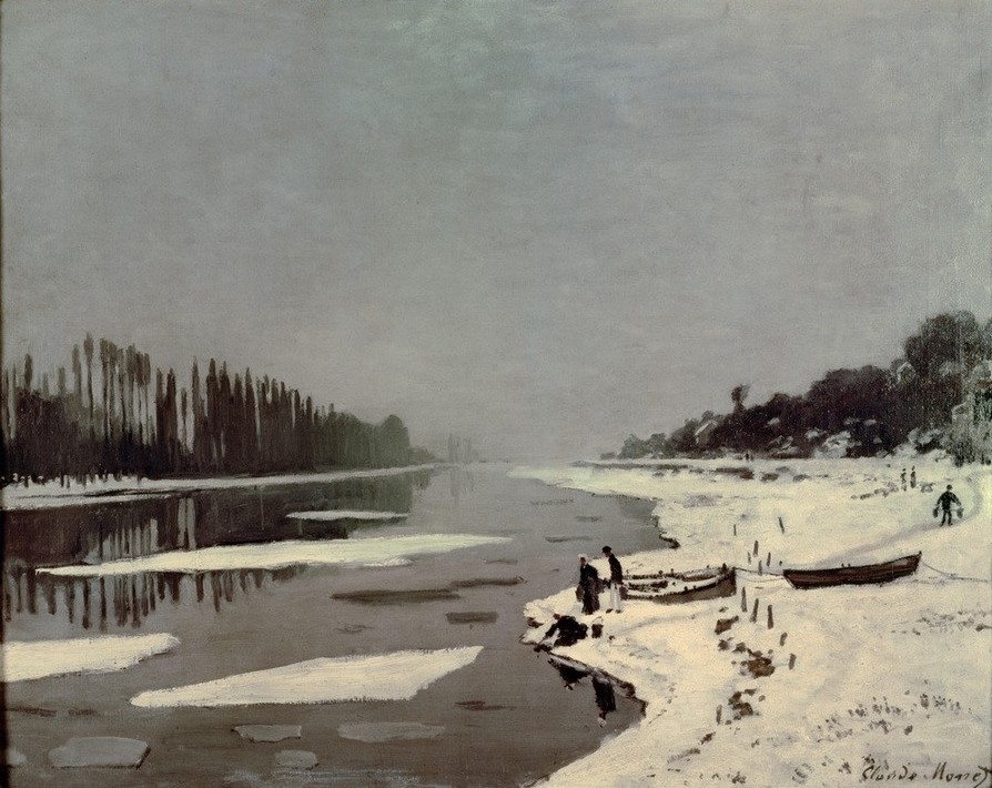 Claude Monet, Glaçons sur la Seine à Bougival (Eis, Kälte, Jahreszeiten, Landschaft, Fluss, Winter, Ufer, Eisschollen, Französische Kunst, Impressionismus, Wunschgröße, Wohnzimmer, Klassiker, Malerei,)