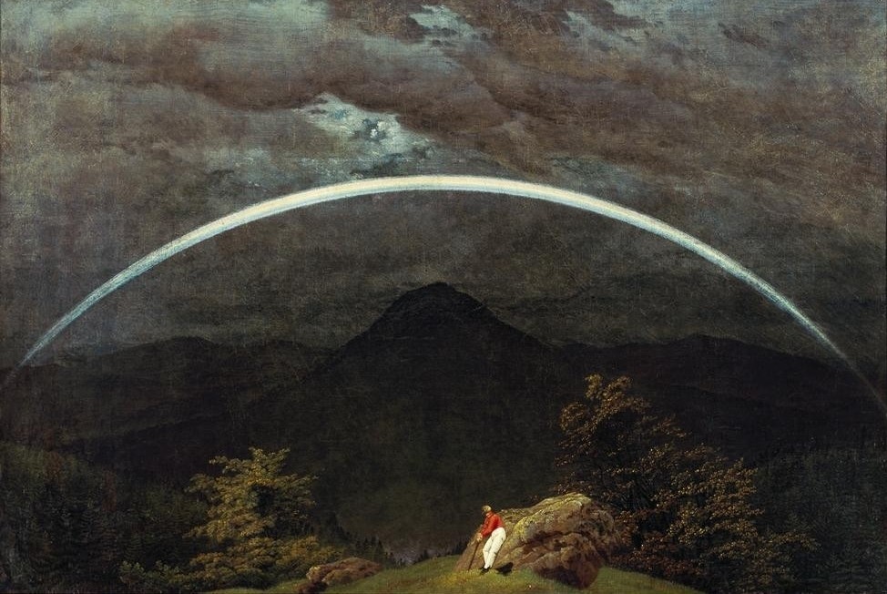 Caspar David Friedrich, Gebirgslandschaft mit Regenbogen (Deutsche Kunst,Gebirge,Landschaft,Mond,Rast,Wandern,Tageszeiten,Abend,Nacht,Regenbogen,Einsamkeit,Mondregenbogen,Harmonie,Wanderer,Ausruhen,Romantik,Protestantismus,Folgen Der Reformation)