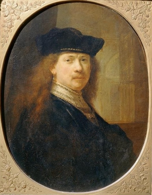 Rembrandt Harmenszoon van Rijn, Bildnis Rembrandts (Künstler,Kunst,Maler (Künstler),Mann,Ohrring,Männerschmuck,Barock,Portrait,Rembrandtschule,Niederländische Kunst,Barett,Holländische Kunst,Brustbild,Oval,Person)