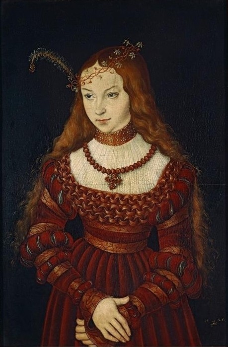 Lucas Cranach der Ältere, Sibylle von Cleve als Braut (Braut,Damenmode,Frau,Geschichte,Mode,Schmuck,Renaissance,Portrait,Halskette,Kurfürstin,Kleid,Langes Haar,Brautkranz,Halsband,Gestohlene Kunstwerke,Person)