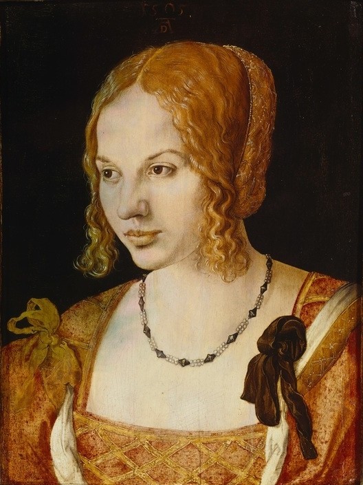 Albrecht Dürer, Bildnis einer jungen Venezianerin (Damenmode,Deutsche Kunst,Frau,Haarmode,Jugend (Lebensalter),Schmuck,Stände,Schönheit,Perle,Renaissance,Portrait,Augen,Halskette,Bürgertum,Haarnetz,Lächeln,Blonde Haare,Kunstwerke Auf Geldscheinen,Haare (Haar),Schleife,Locke,Frisur)