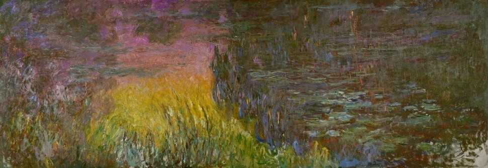 Claude Monet, Le Bassin aux nymphéas sans saules, Soleil couchant (Botanik,Landschaft,Sonnenuntergang,Wasser,Wasserpflanze,Wetter,Sonne,Tageszeiten,Abend,Impressionismus,See,Spiegelung,Seerose,Französische Kunst,Harmonie,Dämmerung,Blume,Sonnenschein,Blatt,Gartenteich,Pflanze,Wasserlilie,Garten)