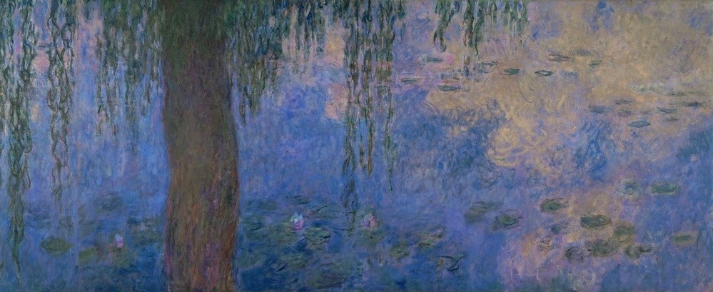 Claude Monet, Le Bassin aux nymphéas avec saules, Le Matin aus saules (Botanik,Landschaft,Wasser,Wasserpflanze,Weide,Tageszeiten,Morgen,Impressionismus,See,Baum,Seerose,Französische Kunst,Harmonie,Dämmerung,Gartenteich)