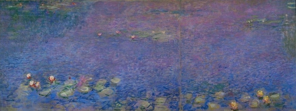 Claude Monet, Le Bassin aux nymphéas sans saules, Matin (Botanik,Landschaft,Wasser,Wasserpflanze,Tageszeiten,Morgen,Impressionismus,See,Seerose,Französische Kunst,Blau,Blume,Blatt,Gartenteich,Pflanze,Wasserlilie,Garten)