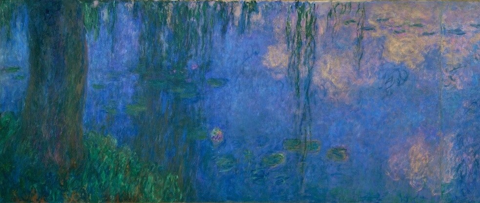 Claude Monet, Le Bassin aux nymphéas avec saules, Le Matin aux saules (Botanik,Landschaft,Wasser,Wasserpflanze,Weide,Tageszeiten,Morgen,Impressionismus,See,Baum,Seerose,Französische Kunst,Harmonie,Dämmerung,Blume,Blatt,Gartenteich,Weiden,Pflanze,Weide (Baum),Wasserlilie,Garten)