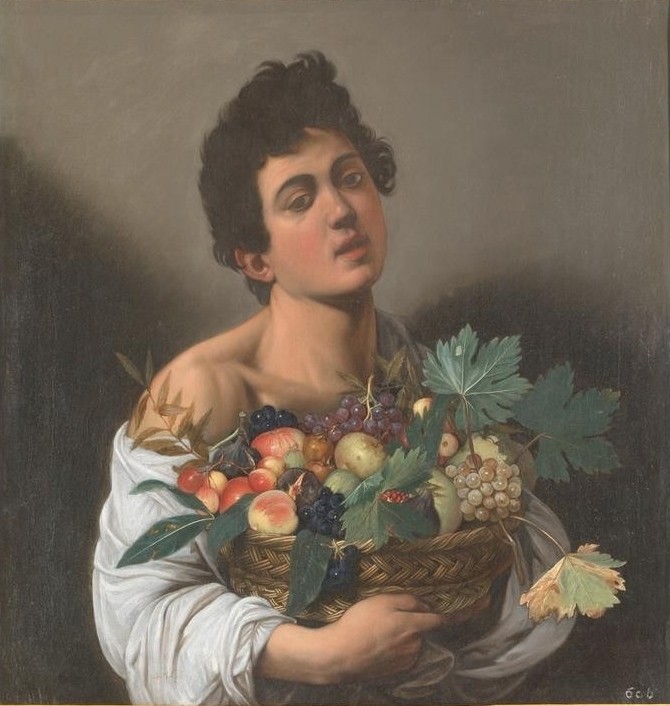 Caravaggio, Junge mit Früchtekorb (Jüngling, junger Mann, lasziv, Obstkorb, Früchte, üppig, Ernte, Hell-Dunkel, Barock, Klassiker, Malerei, Wunschgröße, Wohnzimmer, Esszimmer)