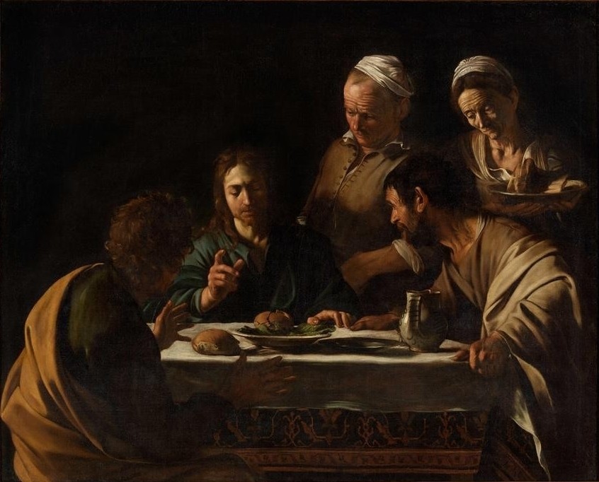 Caravaggio, Christus in Emmaus (Christus, Jünger, Wirtshaus, Tafel, Mahlzeit, Segen, Bibel, Neues Testament, Barock, hell-dunkel, Klassiker, Malerei, Wunschgröße, Wohnzimmerl)