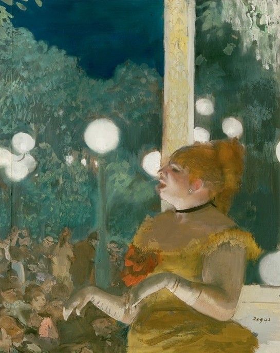 Edgar Degas, La chanson du chien (Bär,Frau,Gastronomie,Gesang,Handschuh,Kabarett,Licht Und Beleuchtung,Musiker,Musik,Nachtleben,Sängerin,Sänger,Variete (Entertainment),Impressionismus,Hund,Lampe,Französische Kunst,Chanson,Promenadenkonzert,Konzertcafe,Kleidung (Allgemein),Tier)