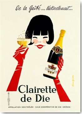 Alain Gauthier, Clairette de Die (Wunschgröße, Plakatkunst, Werbung, Champagner, Frau, rote Handschuhe, Sektglas, Flasche, Gastronomie, Bistro, bunt)
