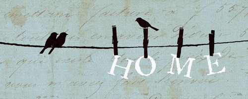 Alain Pelletier, Birds on a Wire - Home (Wäscheleine, Klammern, Wäscheklammern, Vogel, Silhouette, Buchstaben, Kalligrafie, Türschild,  Wunschgröße, Treppenhaus, hellblau/schwarz)