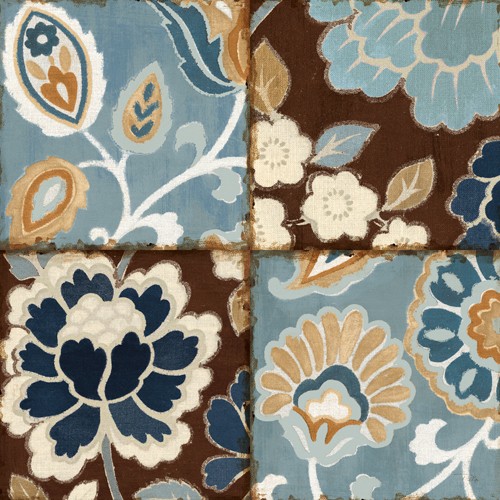 Alain Pelletier, Patchwork Motif Blue I (Fliesen, Kacheln, Collage, Muster, Blumen, floral, Wunschgröße, Wohnzimmer, Treppenhaus, braun/blau)