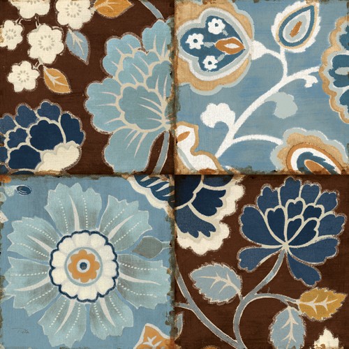 Alain Pelletier, Patchwork Motif Blue II (Fliesen, Kacheln, Collage, Muster, Blumen, floral, Wunschgröße, Wohnzimmer, Treppenhaus, braun/blau)