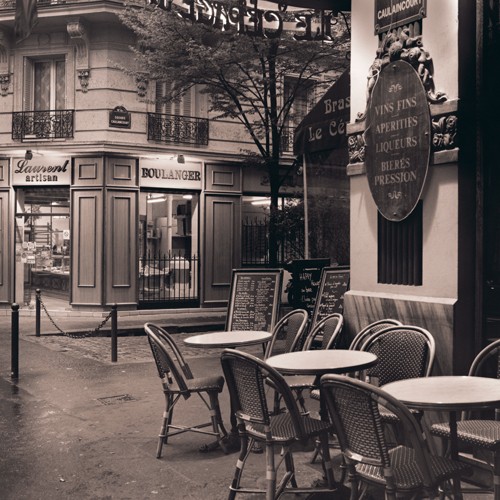 Alan Blaustein, Café, Montmartre (Fotografie, Nostalgie, Cafe, Cafehaus, Paris, Montmatre, Gastronomie, Esszimmer, Bistro, Restaurant, schwarz / weiß, sepia)