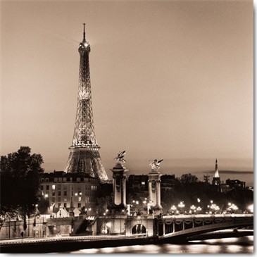 Alan Blaustein, Pont Alexandre III (Fotokunst, Eiffelturm, Paris, Wahrzeichen, Nachtszene, Seine, Brücke, Fluss, Nostalgie, Arztpraxis, Wohnzimmer, Treppenhaus, schwarz / weiß, sepia)