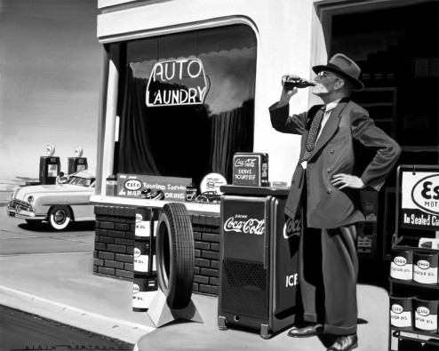 Alain Bertrand, Auto Laundry (Waschanlage, Autowaschanlage, Durst, trinkender Mann, Nostalgie, Oldtimmer, Tankstelle, Esso, Wohnzimmer, Treppenhaus, Wunschgröße, schwarz/weiß)