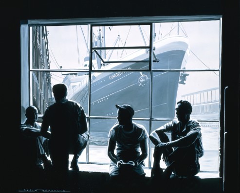 Alain Bertrand, Les Dockers (Hafen, Hafenarbeiter, Schiff, Docks, Pause, Wohnzimmer, Treppenhaus, Wunschgröße, schwarz/weiß)